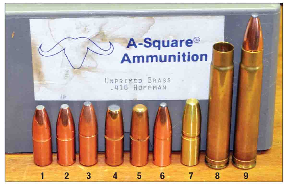 Excellent bullets for handloading in any .416-caliber cartridge, including the Hoffman, are: (1) 350-grain Swift A-Frame, (2) 400-grain Swift A-Frame, (3) 400-grain Trophy Bonded Bear Claw, (4) 400-grain Hornady DGSB, (5) 400-grain Hornady DGS, (6) 400-grain Nosler Partition, (7) 400-grain Nosler Solid, (8) 400-grain A-Square Hoffman case and (9) a 416-grain Hoffman loaded with a 400 Nosler Partition.